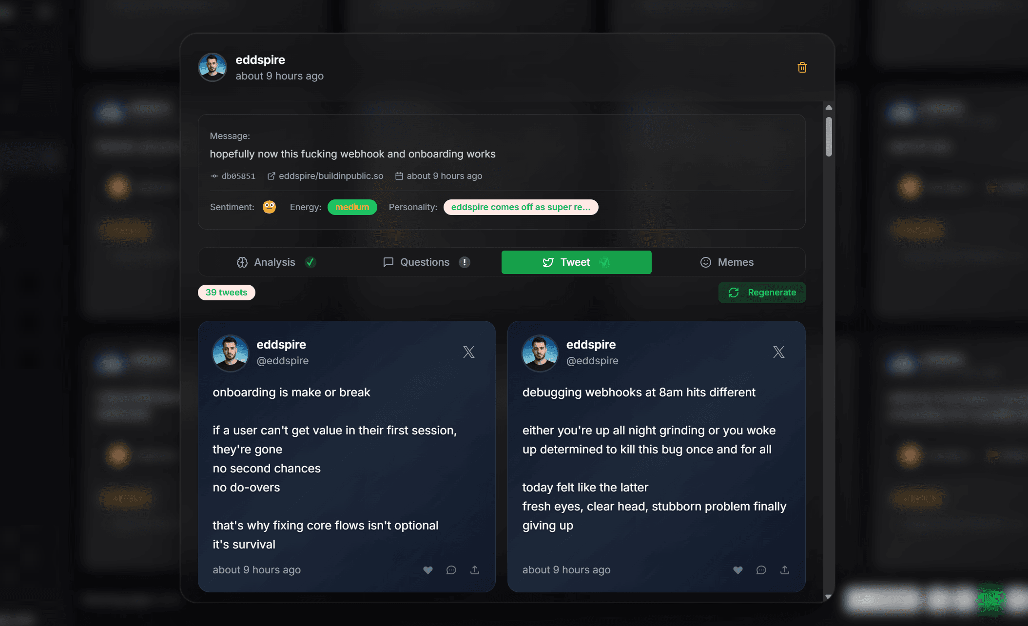 BuildInPublic.so dashboard showing commit stories and analytics